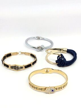VINTAGE BRACELET LOT Gold Tone Hamsa Knot Navy Cord Silver Knot Bangle Set 4